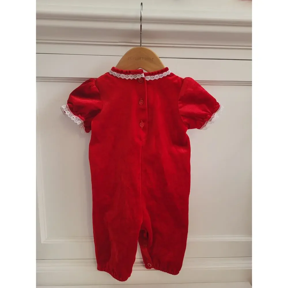 VTG 80s Violet Rose Red Velvet Lace Baby Christmas Romper Jumpsuit - Picture 5 of 5